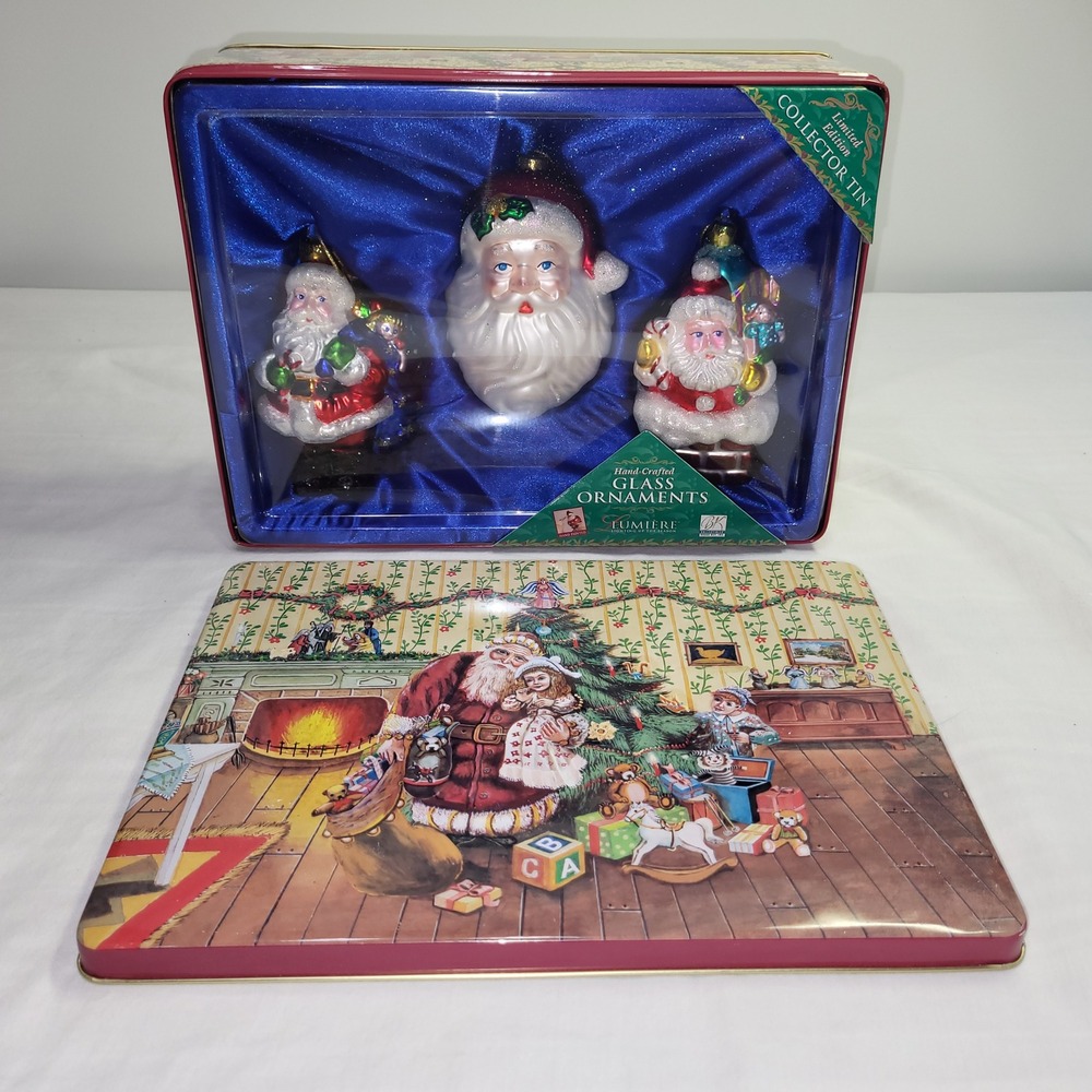 Brass Key Lumiere Glass Ornaments 1999 Limited Edition Collector Tin Santa Set
